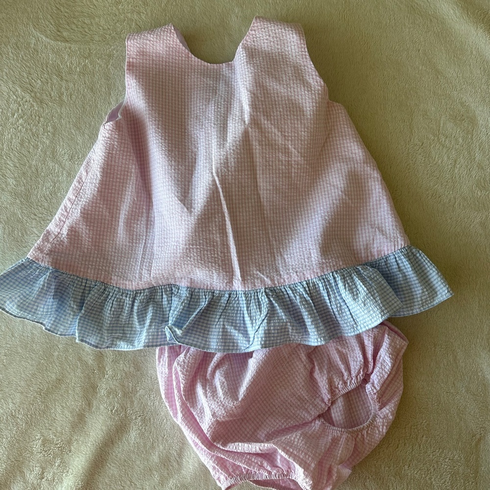 Lulu Bebe Seersucker Ruffle Bloomer Set (Bow on Back) Size 2T
